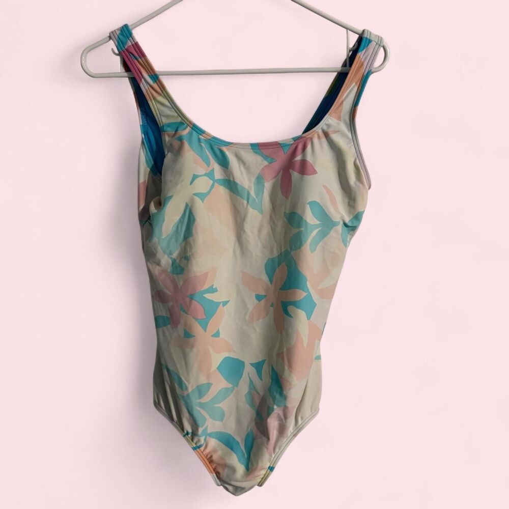 Vintage Lands End Pastel Floral One Piece Swimsuit Size 10 Modest Faded Pink Blu
